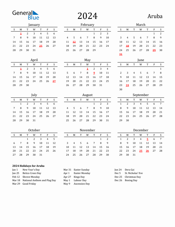 Aruba Holidays Calendar for 2024