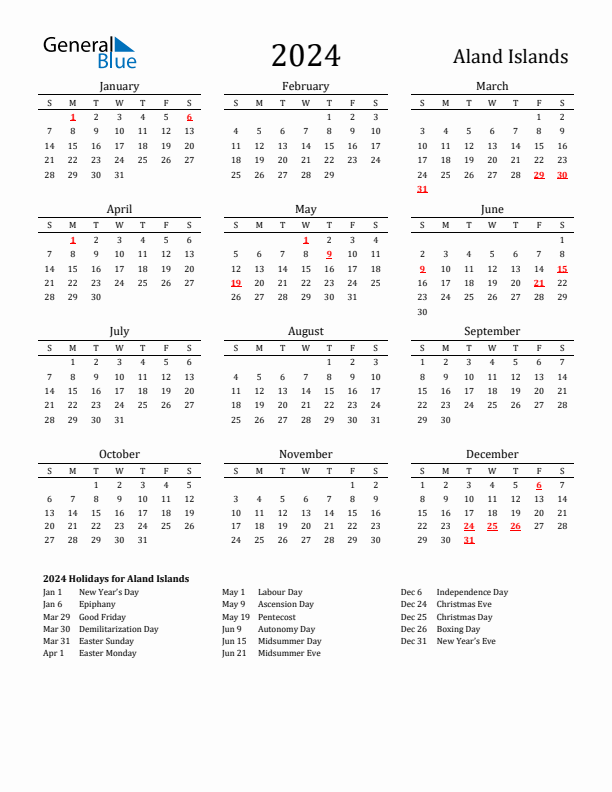 Aland Islands Holidays Calendar for 2024