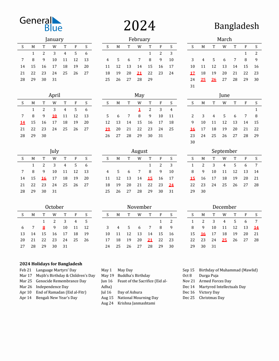 Free Bangladesh Holidays Calendar for Year 2024