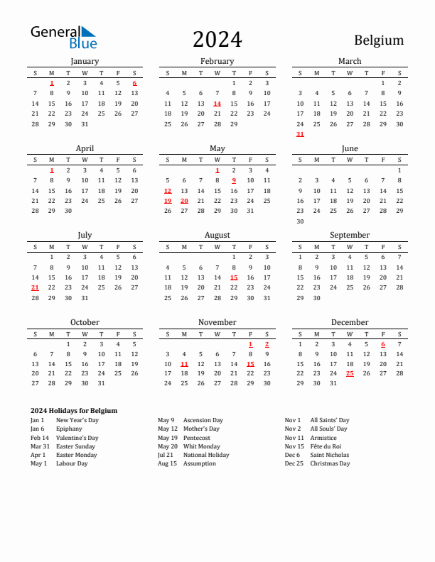 Belgium Holidays Calendar for 2024