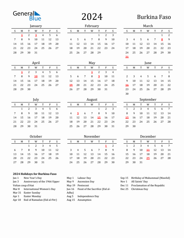 Burkina Faso Holidays Calendar for 2024
