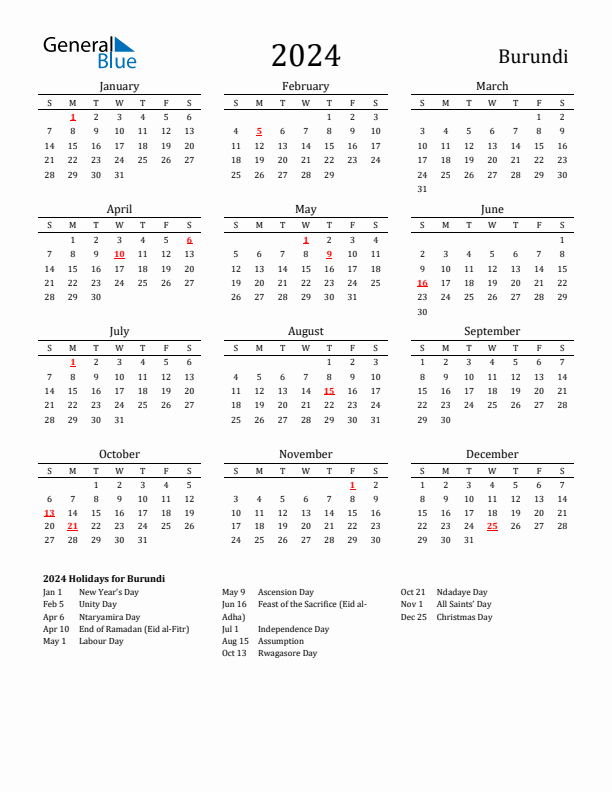 Burundi Holidays Calendar for 2024