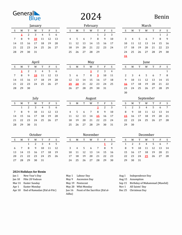 Benin Holidays Calendar for 2024