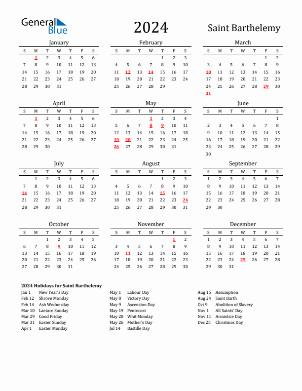 Saint Barthelemy Holidays Calendar for 2024