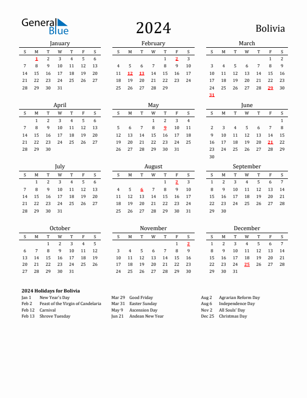 Bolivia Holidays Calendar for 2024