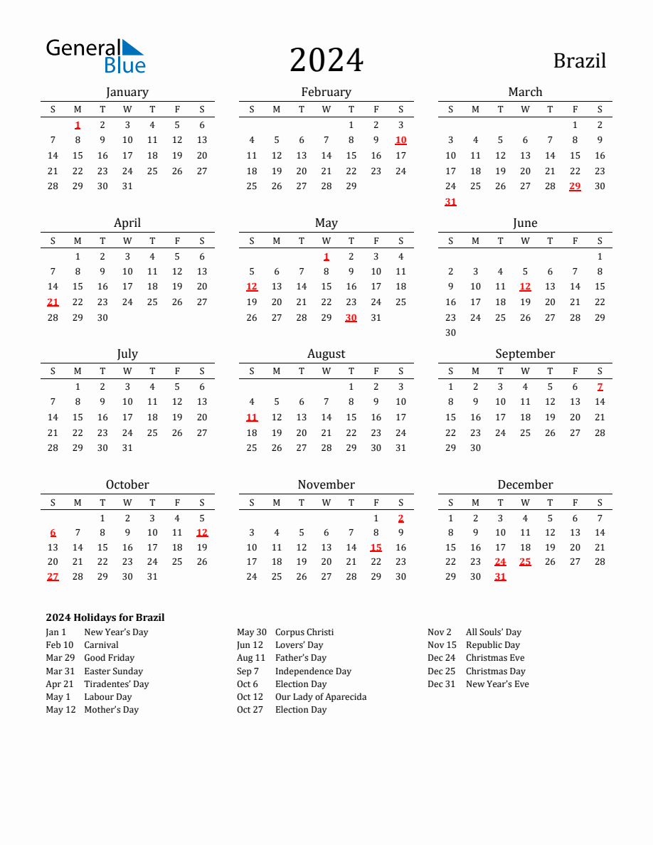 Free Brazil Holidays Calendar for Year 2024