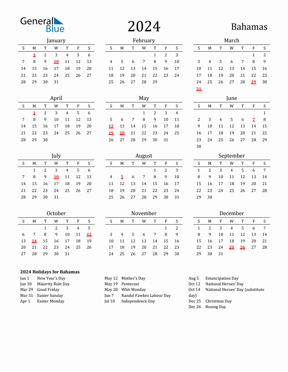 Free Bahamas Holidays Calendar for Year 2024