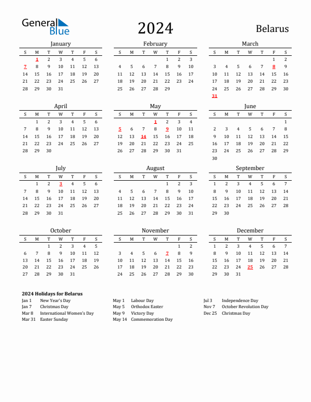 Belarus Holidays Calendar for 2024
