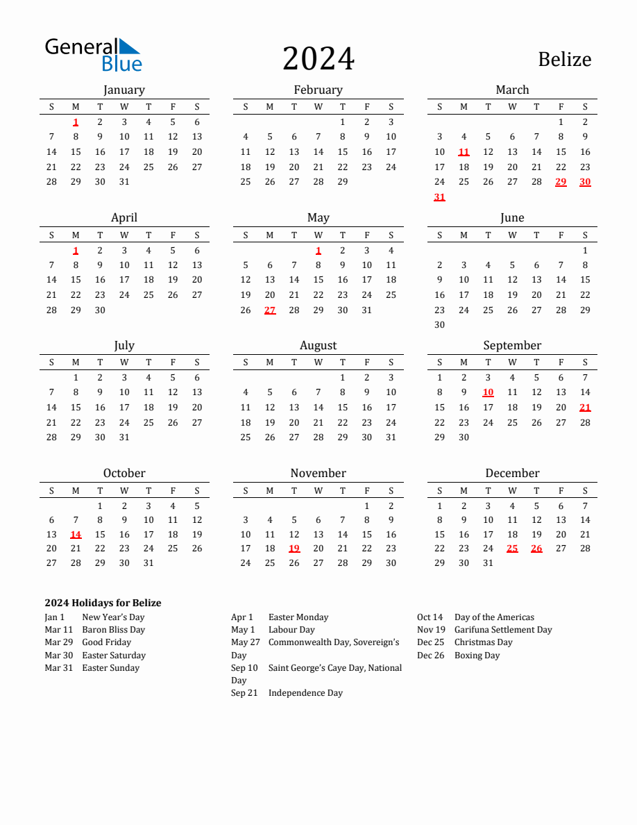 Free Belize Holidays Calendar for Year 2024