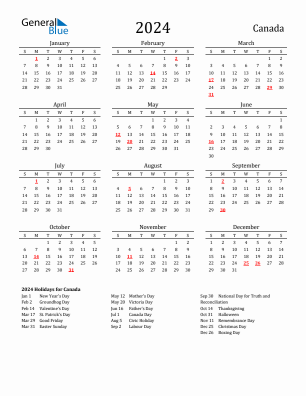 Canada Holidays Calendar for 2024