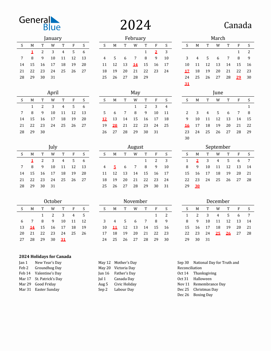 Free Canada Holidays Calendar for Year 2024