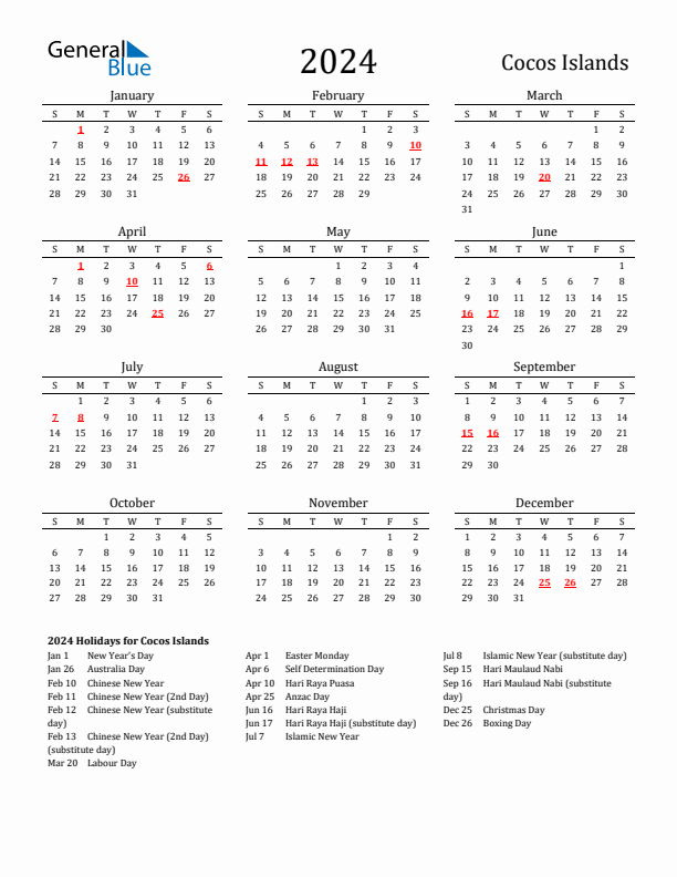 Cocos Islands Holidays Calendar for 2024