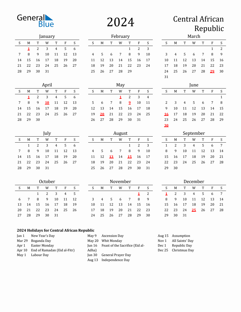 Free Central African Republic Holidays Calendar for Year 2024