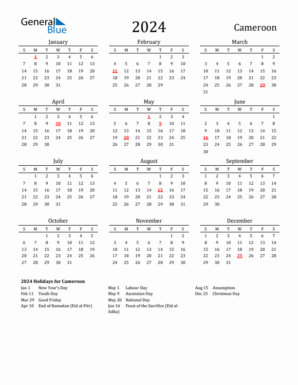 Cameroon Holidays Calendar for 2024