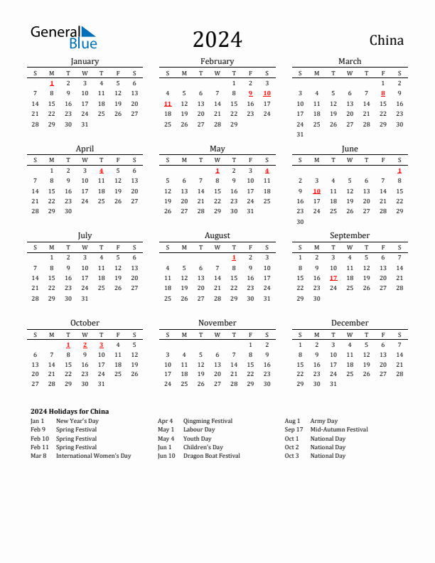 China Holidays Calendar for 2024