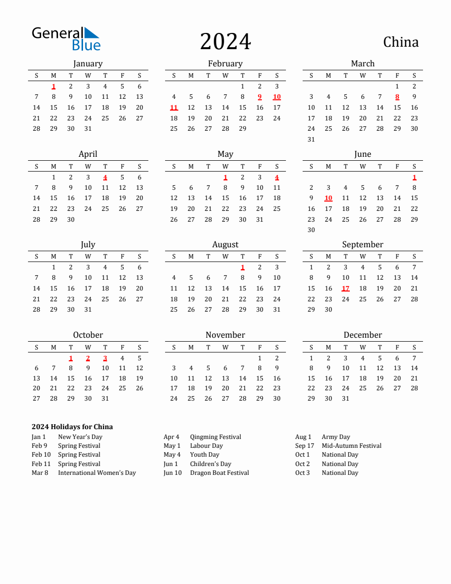 Free China Holidays Calendar for Year 2024