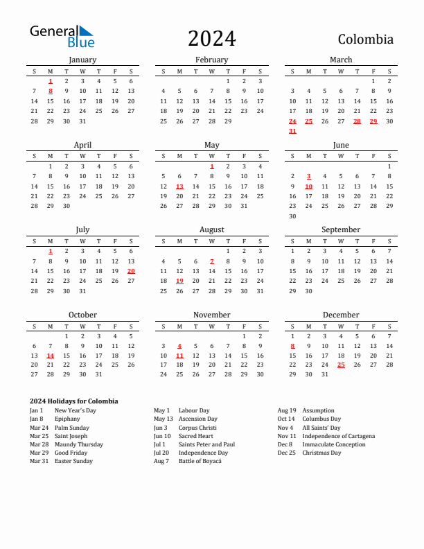 Colombia Holidays Calendar for 2024