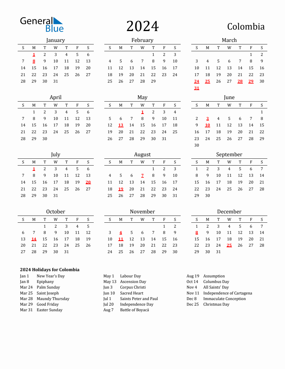 Free Colombia Holidays Calendar for Year 2024