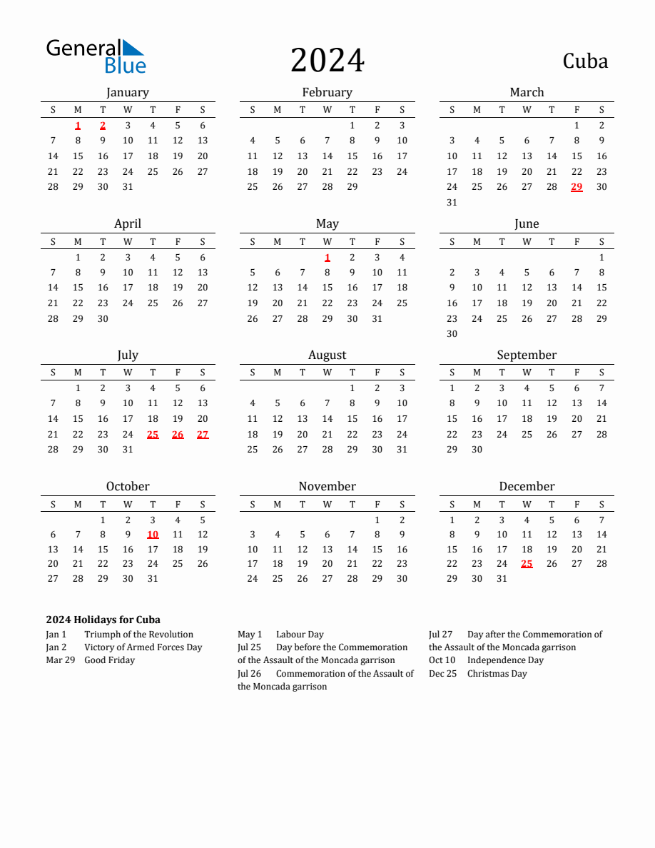 Free Cuba Holidays Calendar for Year 2024