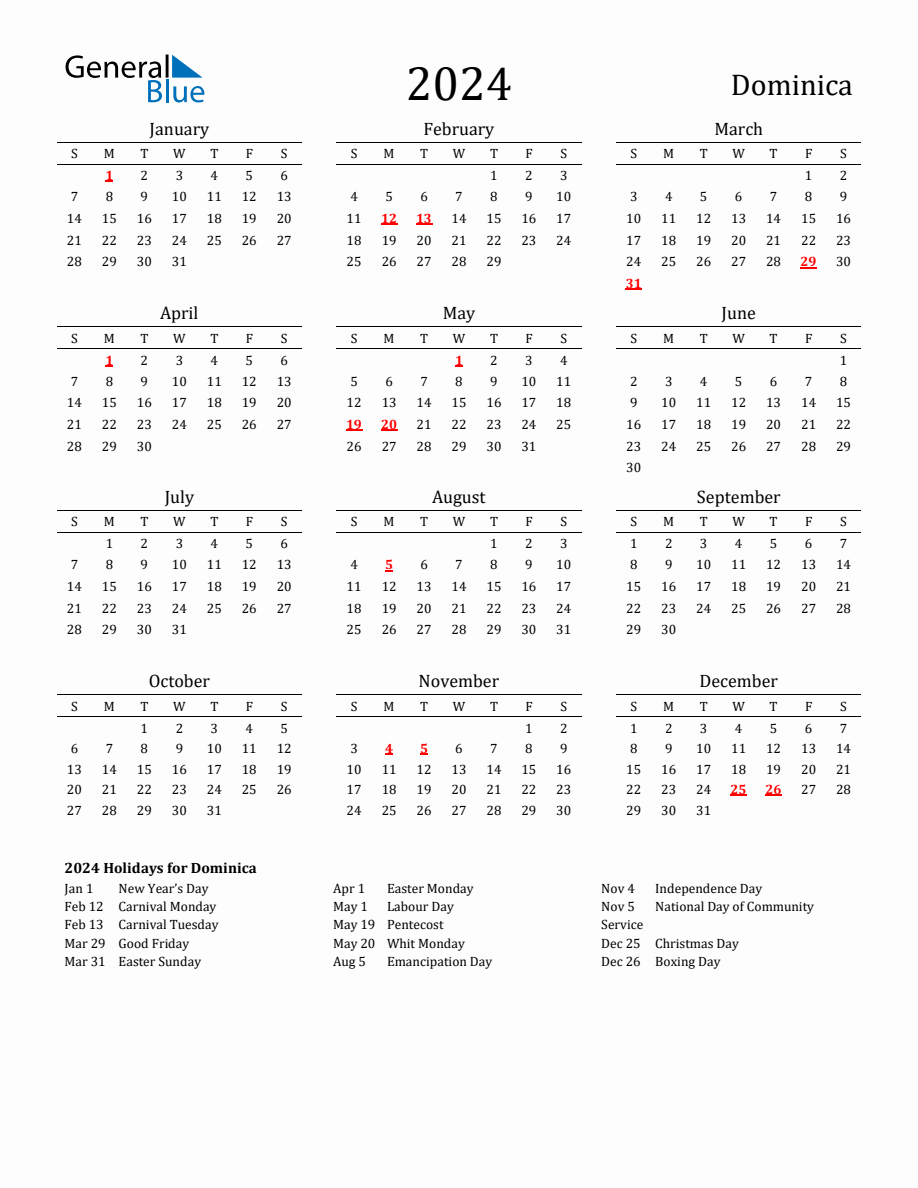 Free Dominica Holidays Calendar for Year 2024