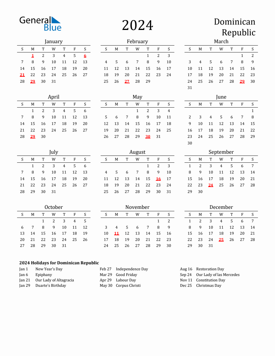 Free Dominican Republic Holidays Calendar for Year 2024