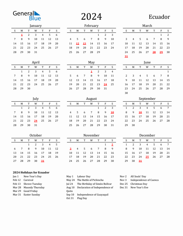Ecuador Holidays Calendar for 2024