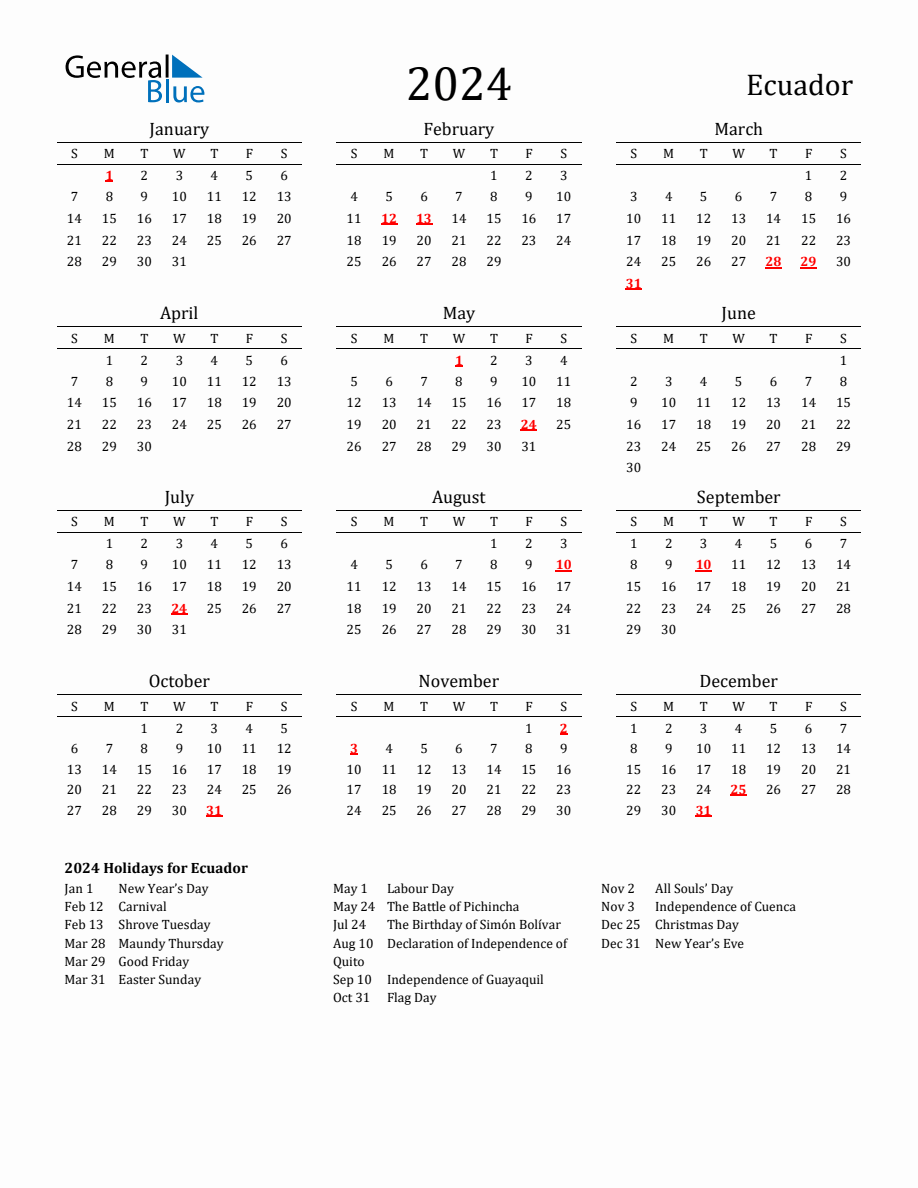 Free Ecuador Holidays Calendar for Year 2024