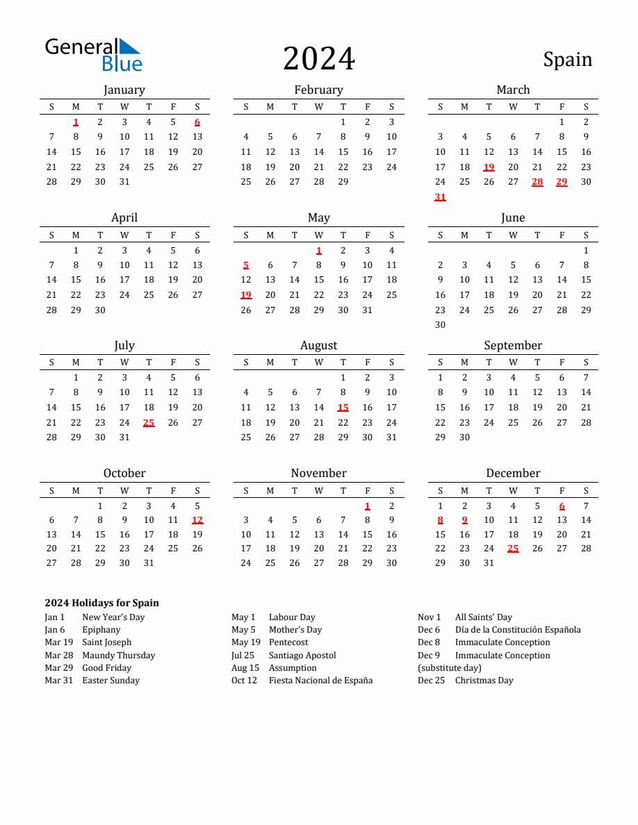 Free Spain Holidays Calendar for Year 2024