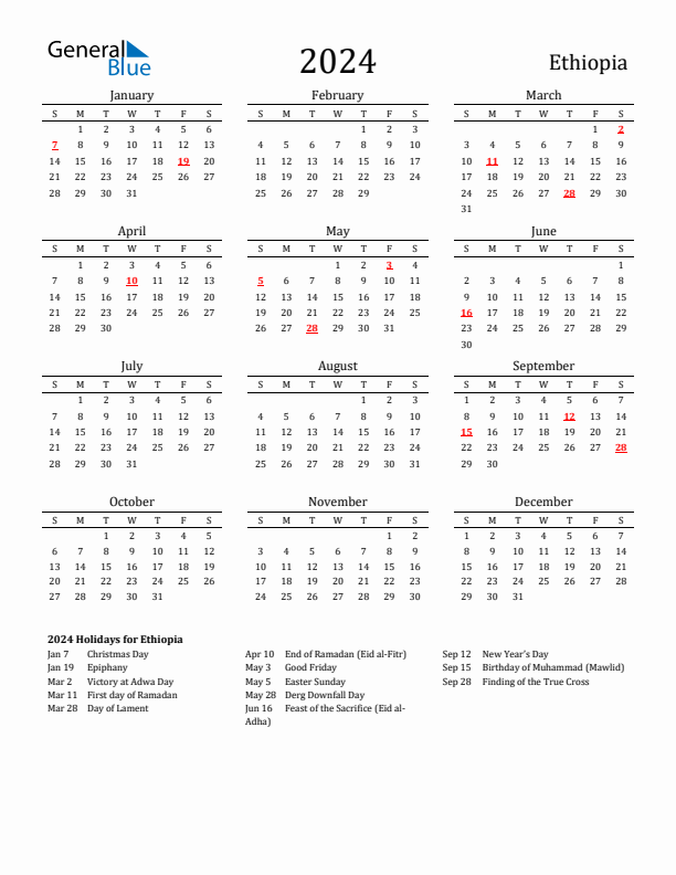 Ethiopia Holidays Calendar for 2024