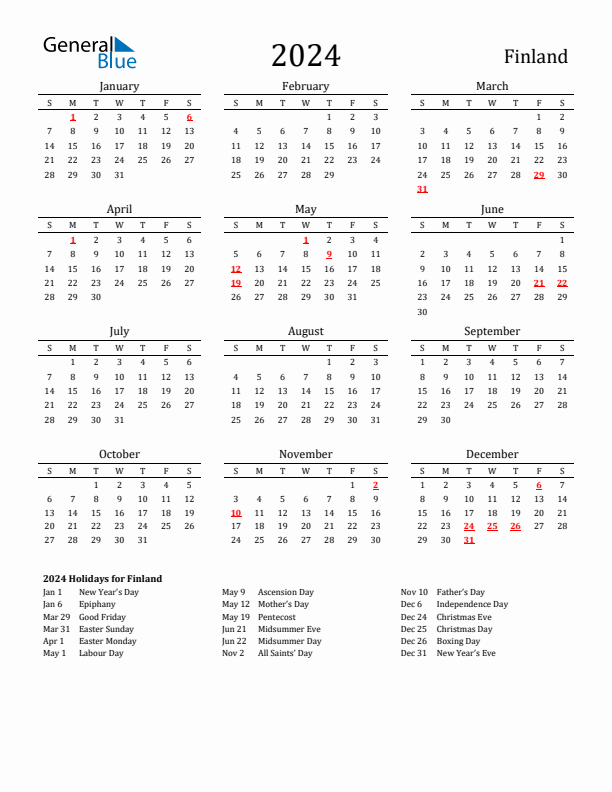 Finland Holidays Calendar for 2024