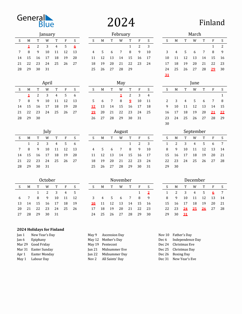 Free Finland Holidays Calendar for Year 2024