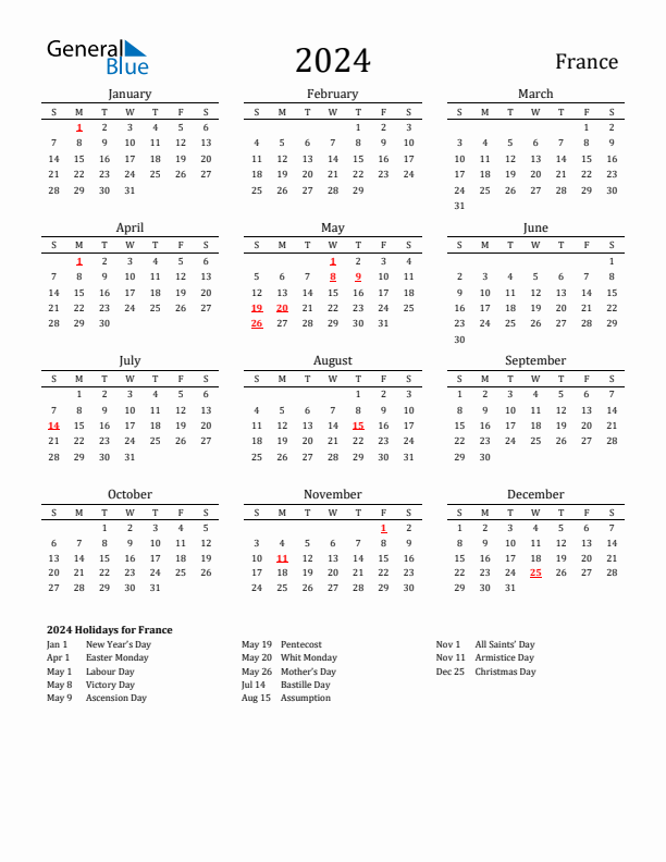 France Holidays Calendar for 2024