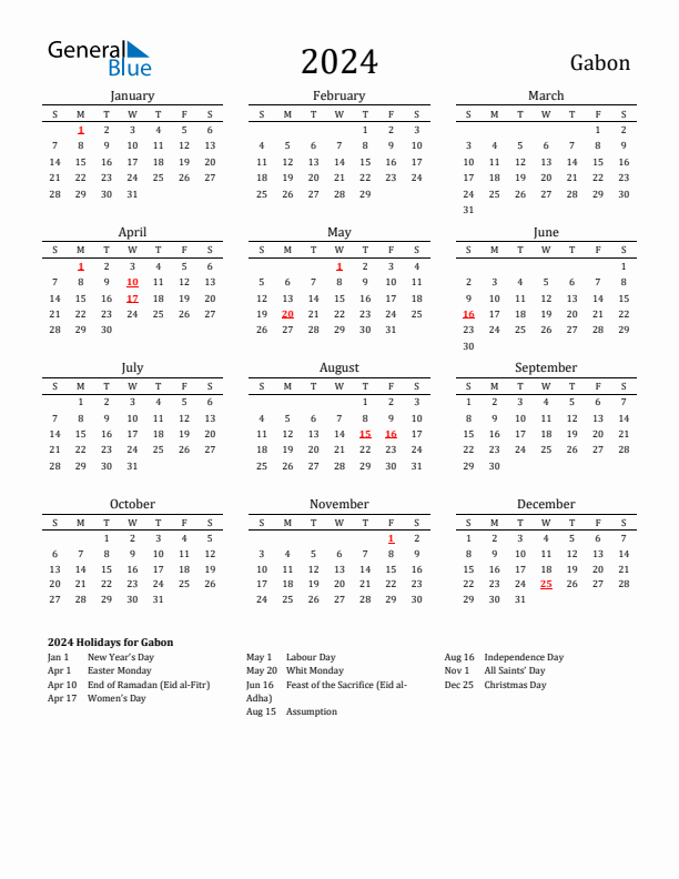 Free Gabon Holidays Calendar for Year 2024