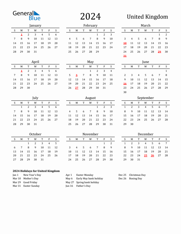 United Kingdom Holidays Calendar for 2024