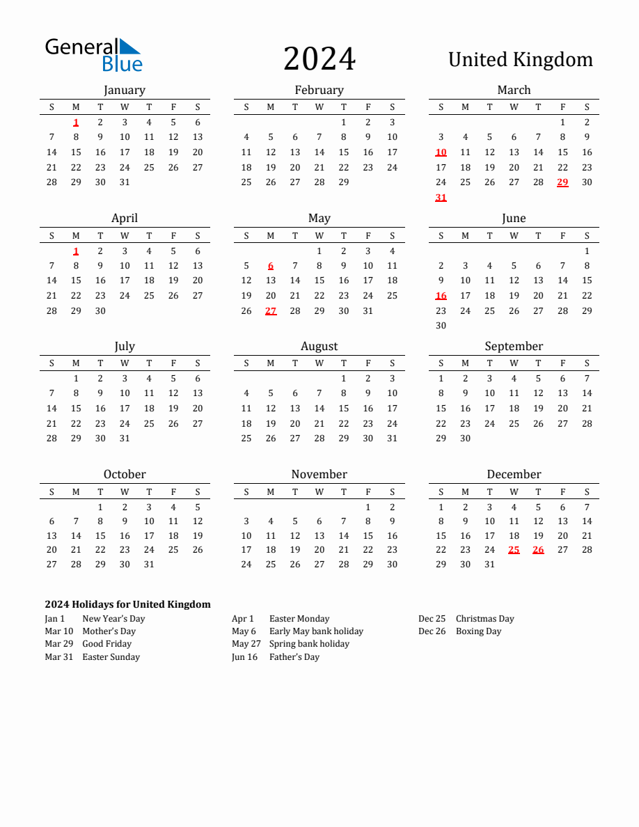 Free United Kingdom Holidays Calendar for Year 2024