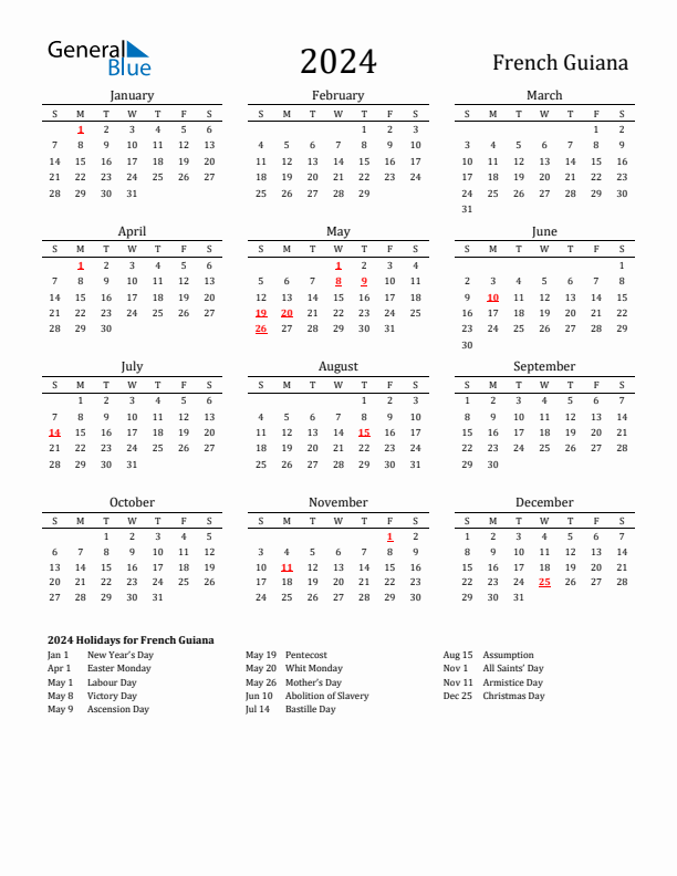 Free French Guiana Holidays Calendar for Year 2024