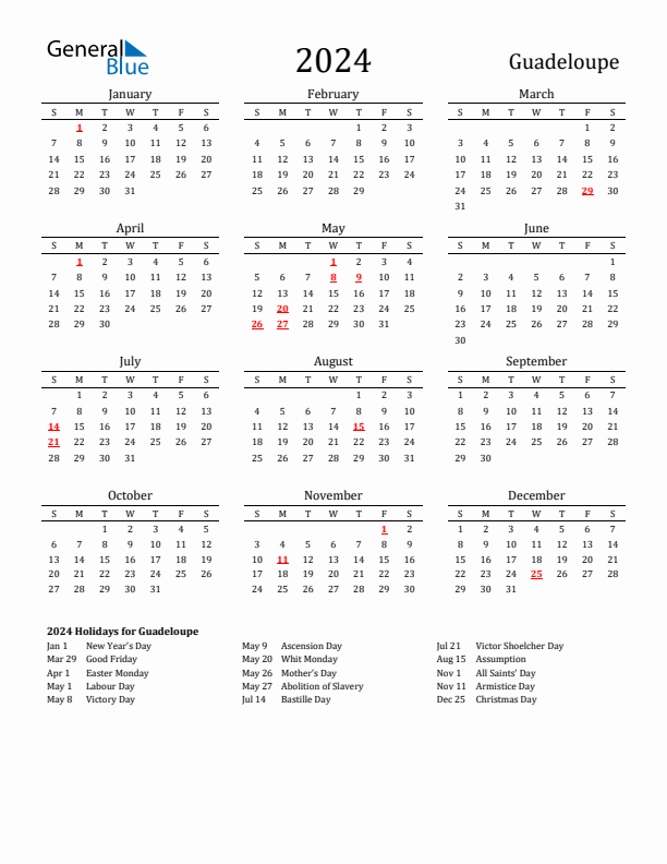 Guadeloupe Holidays Calendar for 2024