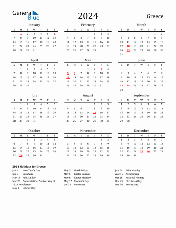 Greece Holidays Calendar for 2024