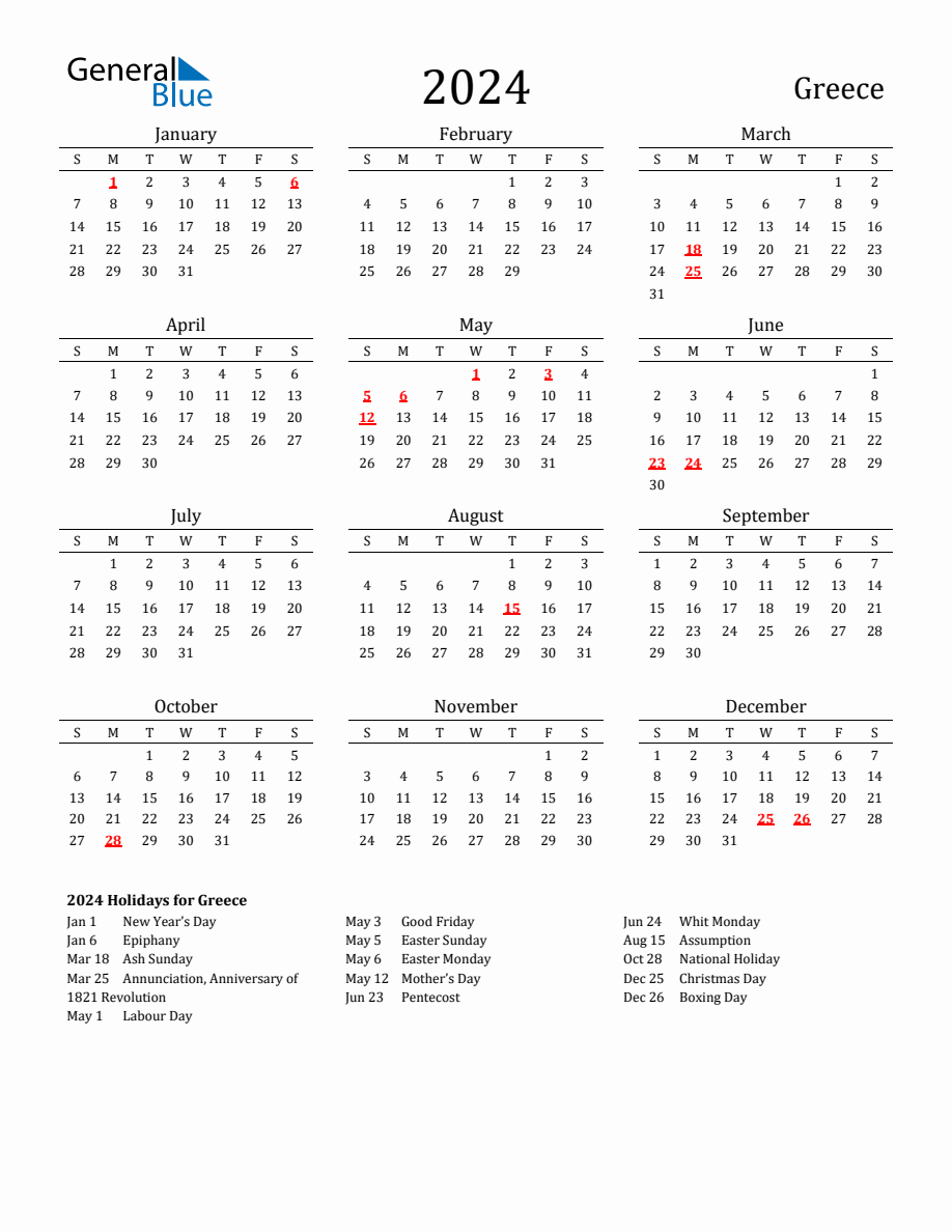 Free Greece Holidays Calendar for Year 2024