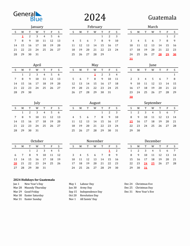 Guatemala Holidays Calendar for 2024