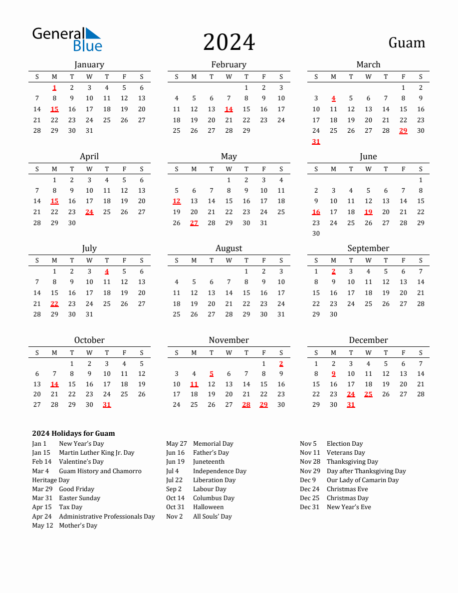 Free Guam Holidays Calendar for Year 2024