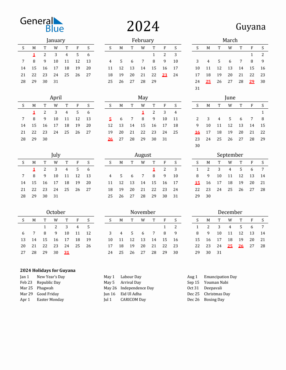 Free Guyana Holidays Calendar for Year 2024