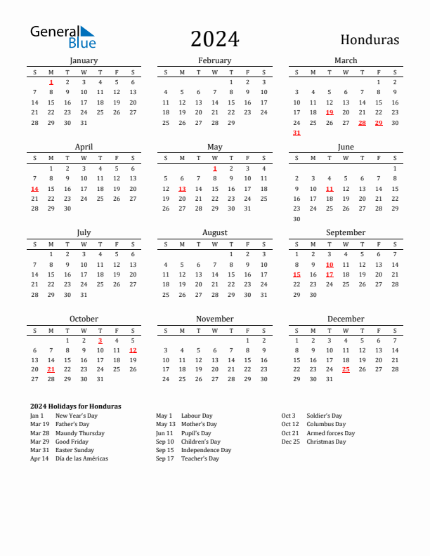 Honduras Holidays Calendar for 2024