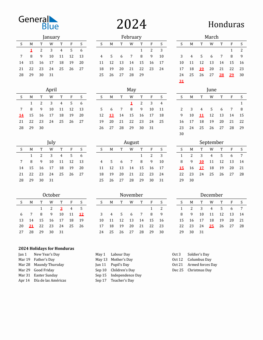 Free Honduras Holidays Calendar for Year 2024