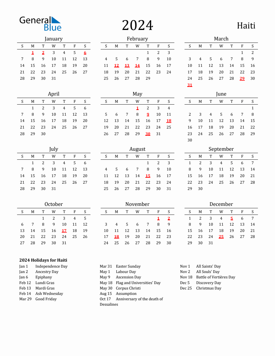 Free Haiti Holidays Calendar for Year 2024