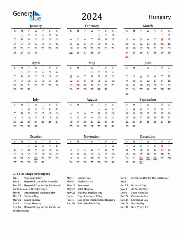Hungary Holidays Calendar for 2024