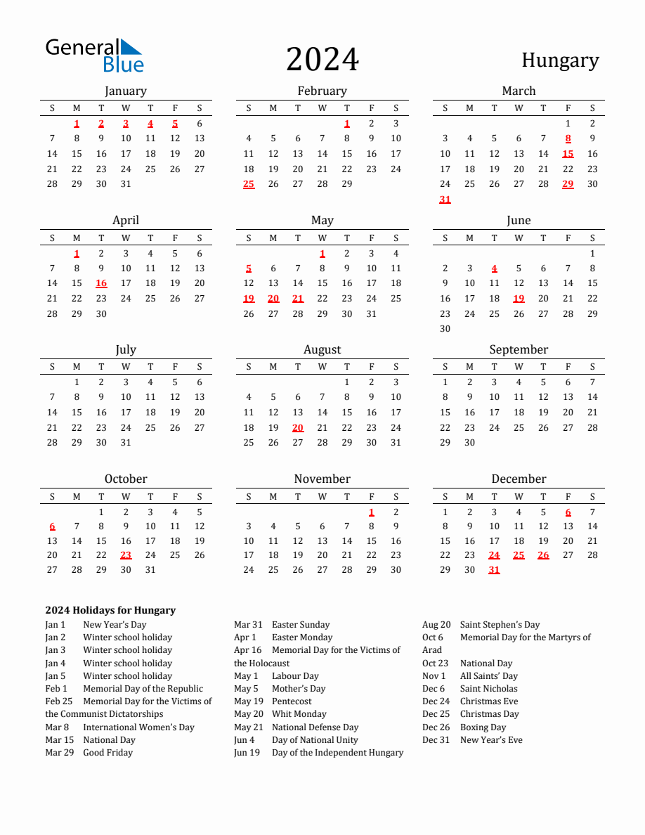 Free Hungary Holidays Calendar for Year 2024