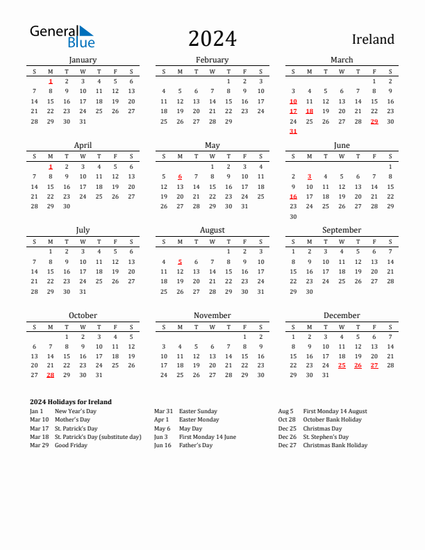 Ireland Holidays Calendar for 2024