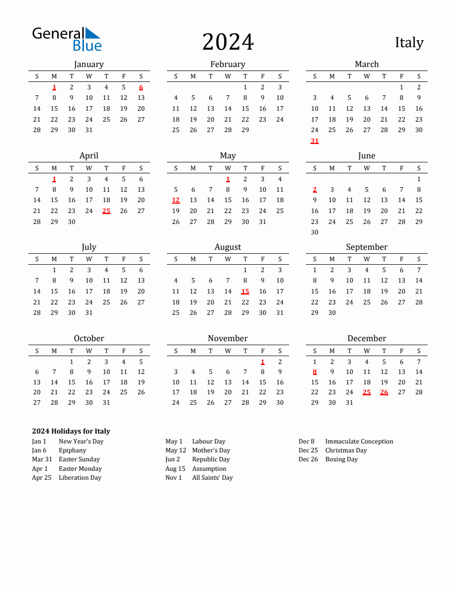 Free Italy Holidays Calendar for Year 2024