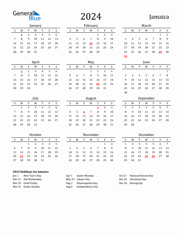 Jamaica Holidays Calendar for 2024